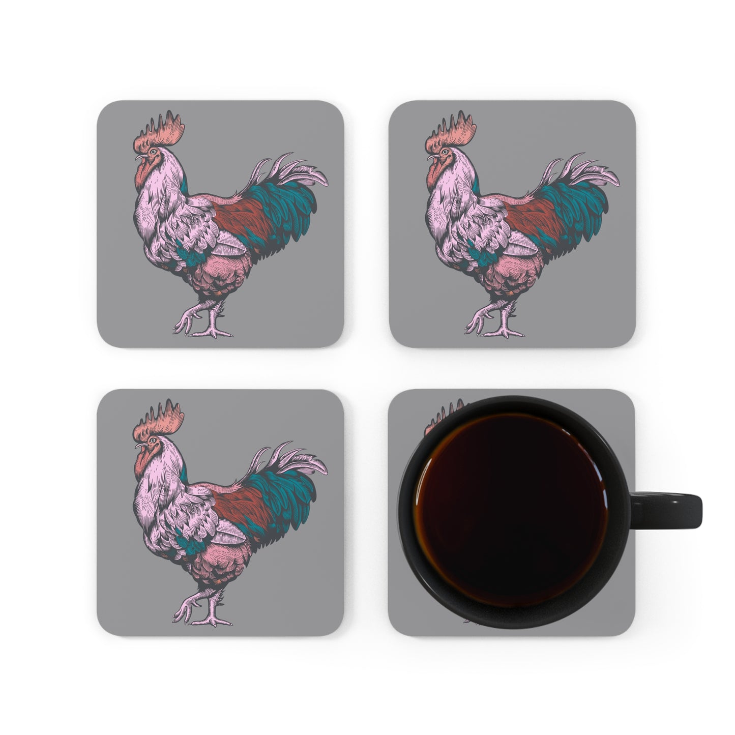Pink & Turqoise Rooster Gamecock Coaster Set