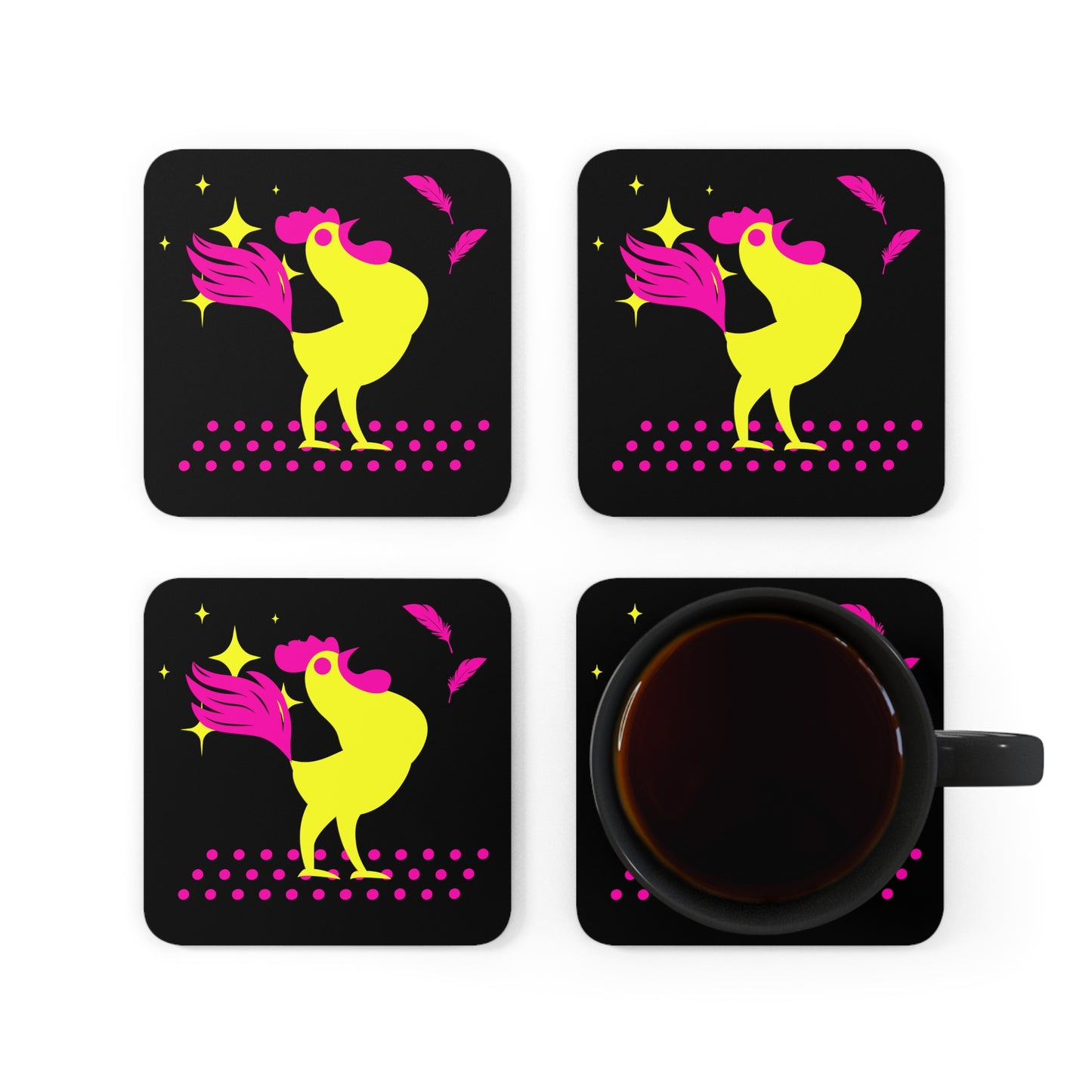 Hot Pink & Neon Yellow Rooster Gamecock Coaster Set