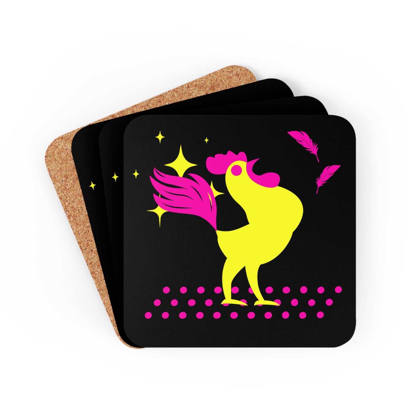 Hot Pink & Neon Yellow Rooster Gamecock Coaster Set