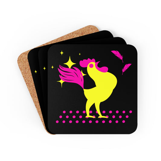 Hot Pink & Neon Yellow Rooster Gamecock Coaster Set