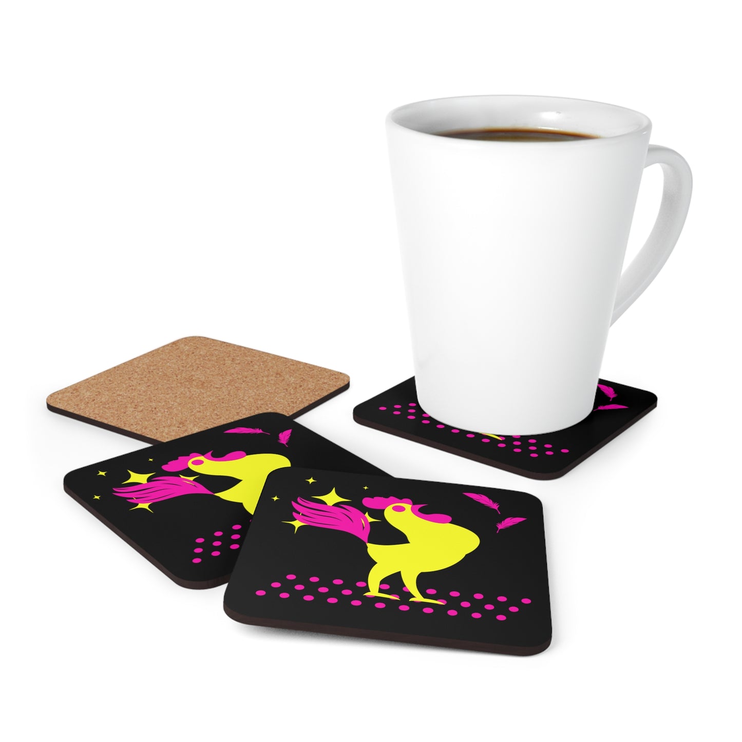 Hot Pink & Neon Yellow Rooster Gamecock Coaster Set