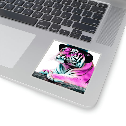 Hot Pink Tiger & Hat Vinyl Kiss-Cut Sticker - BowsAndArtsDesigns