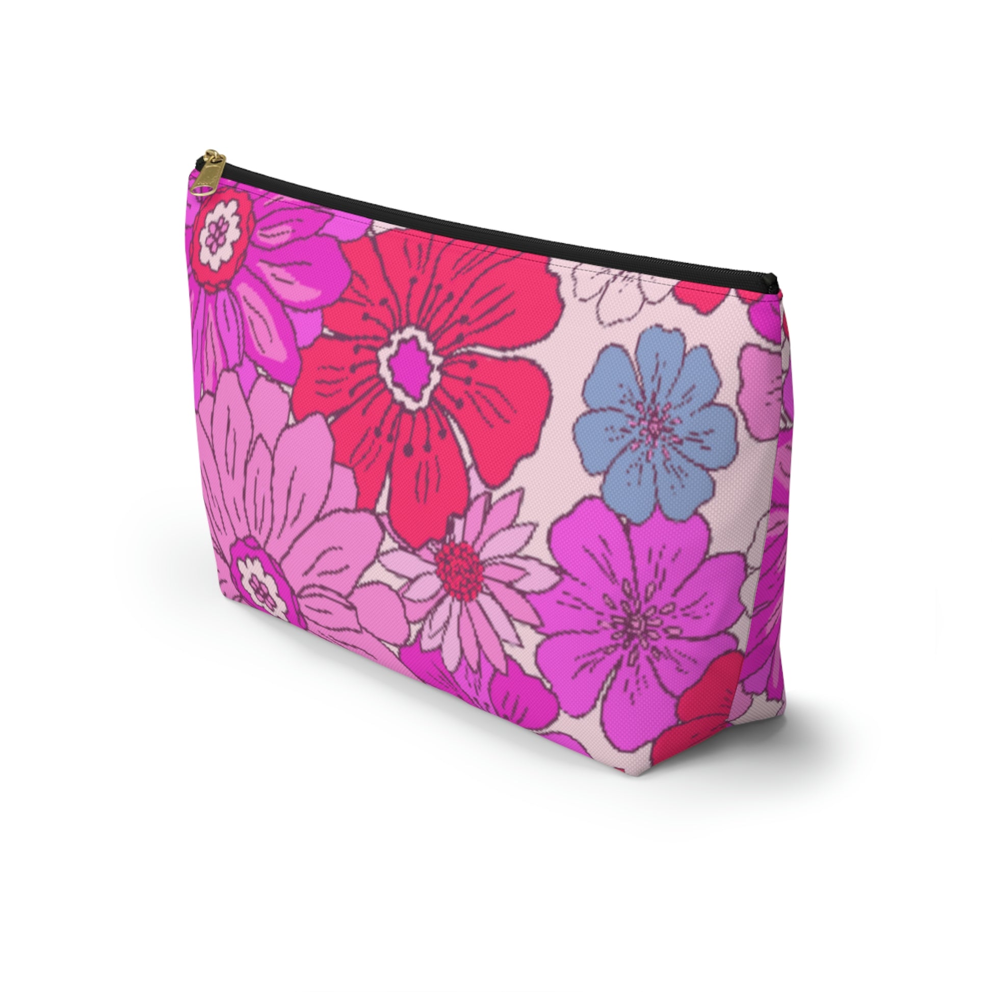 Hot Pink Retro Floral Print Accessory Pouch with T-bottom - BowsAndArtsDesigns
