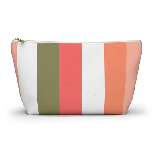 Coral Green & White Stripes Accessory Pouch with T-bottom - BowsAndArtsDesigns
