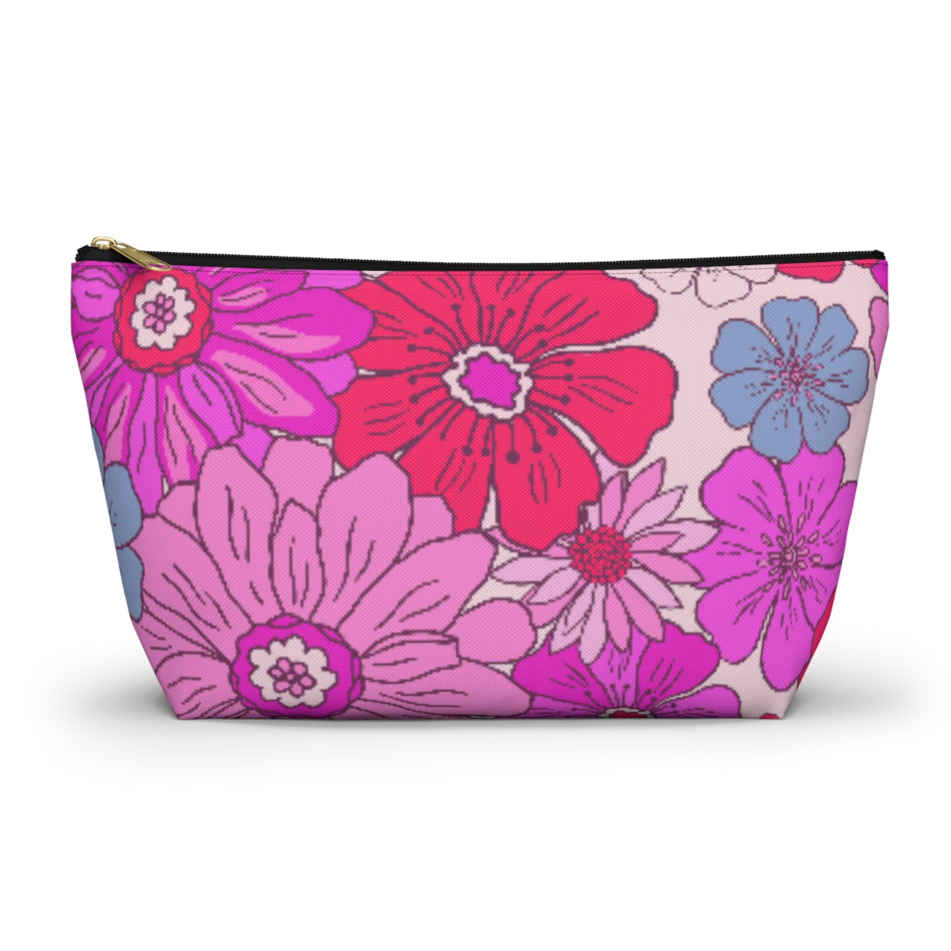 Hot Pink Retro Floral Print Accessory Pouch with T-bottom - BowsAndArtsDesigns
