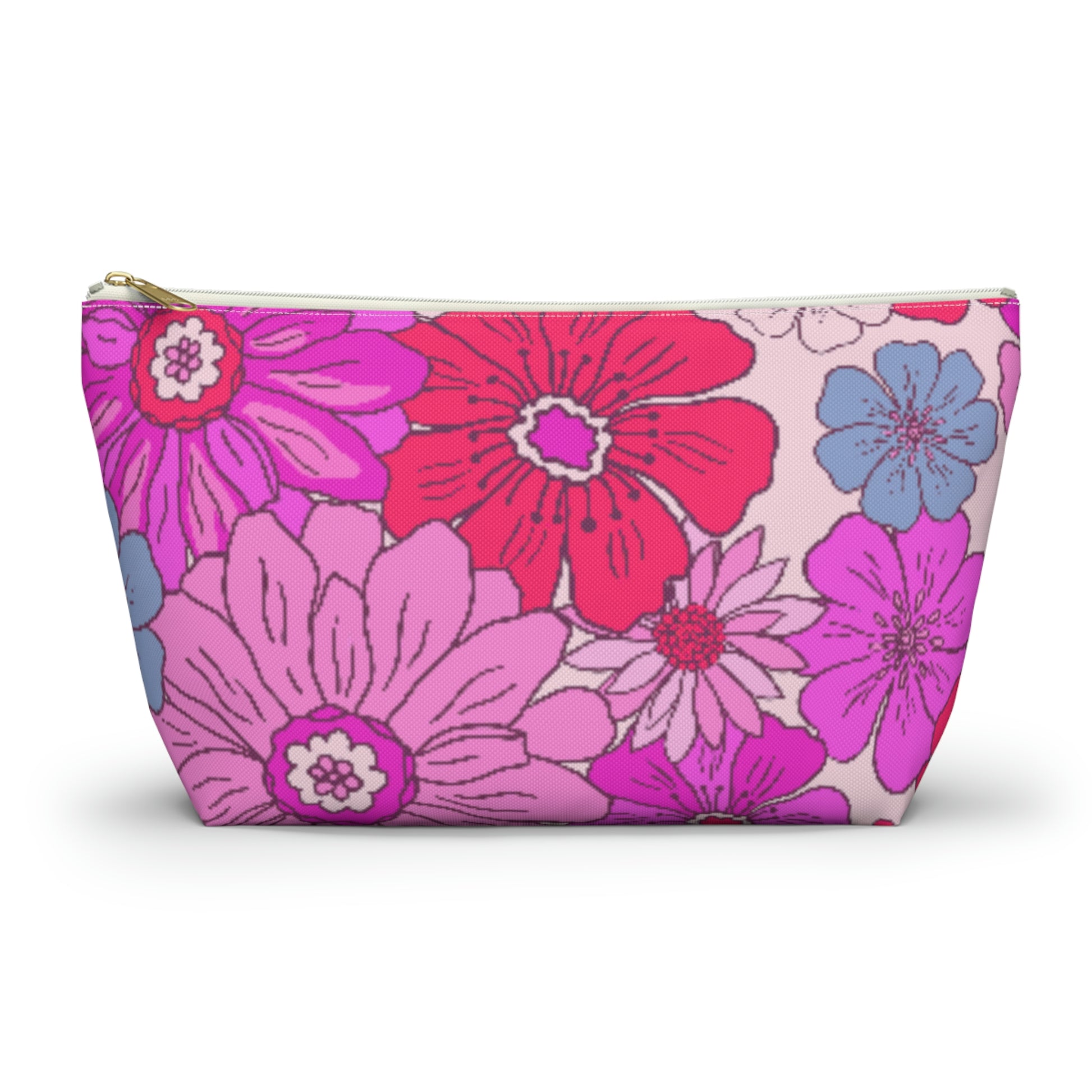 Hot Pink Retro Floral Print Accessory Pouch with T-bottom - BowsAndArtsDesigns