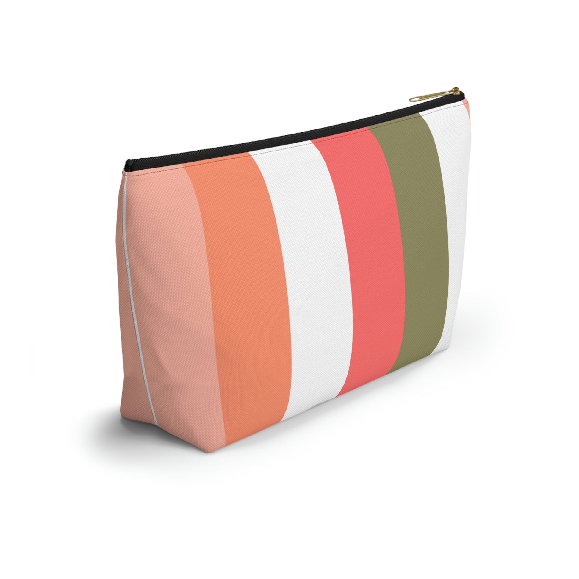 Coral Green & White Stripes Accessory Pouch with T-bottom - BowsAndArtsDesigns