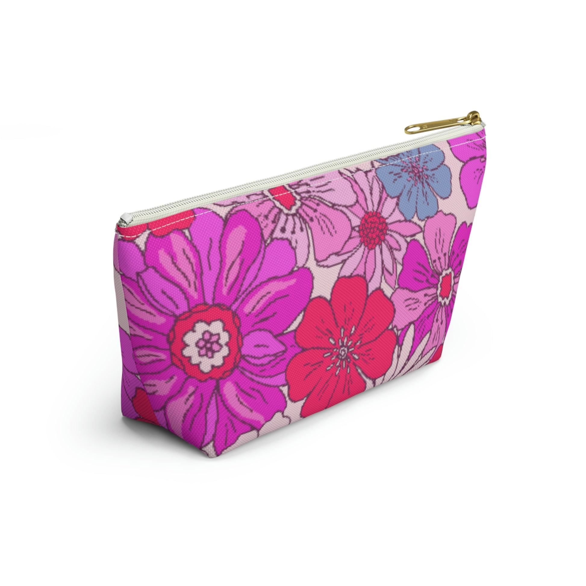Hot Pink Retro Floral Print Accessory Pouch with T-bottom - BowsAndArtsDesigns