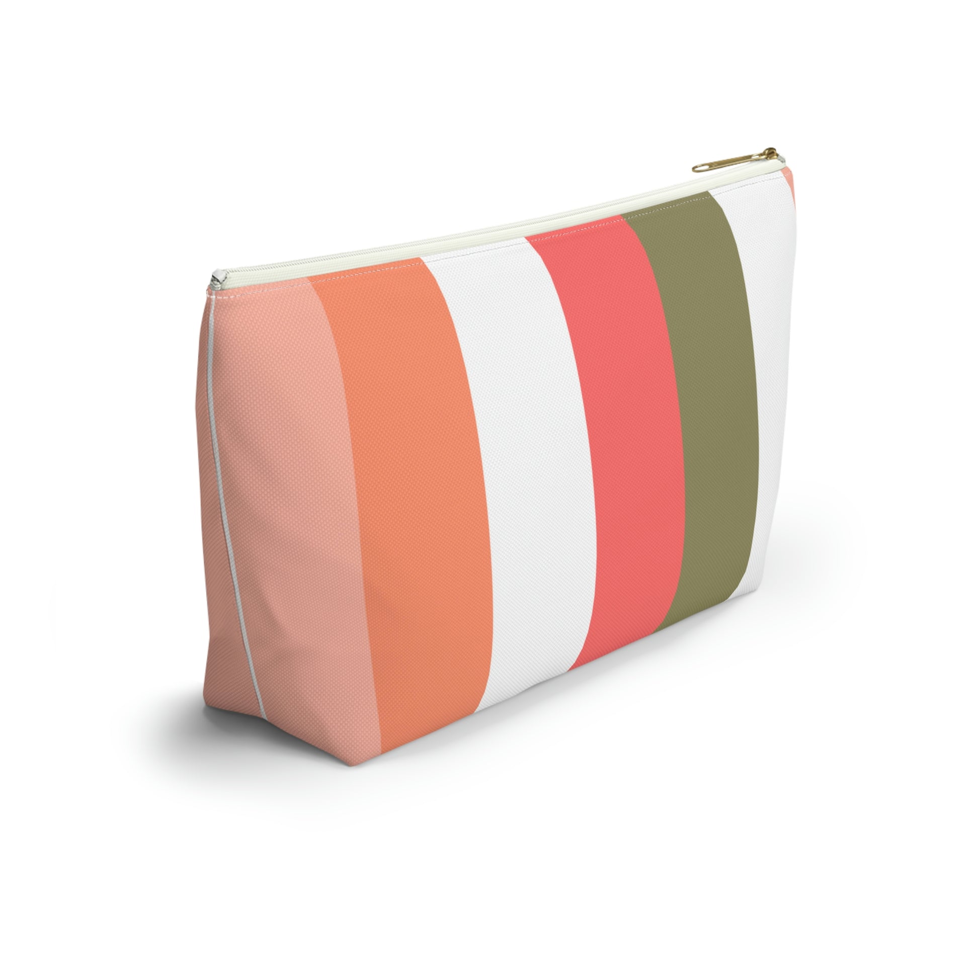 Coral Green & White Stripes Accessory Pouch with T-bottom - BowsAndArtsDesigns