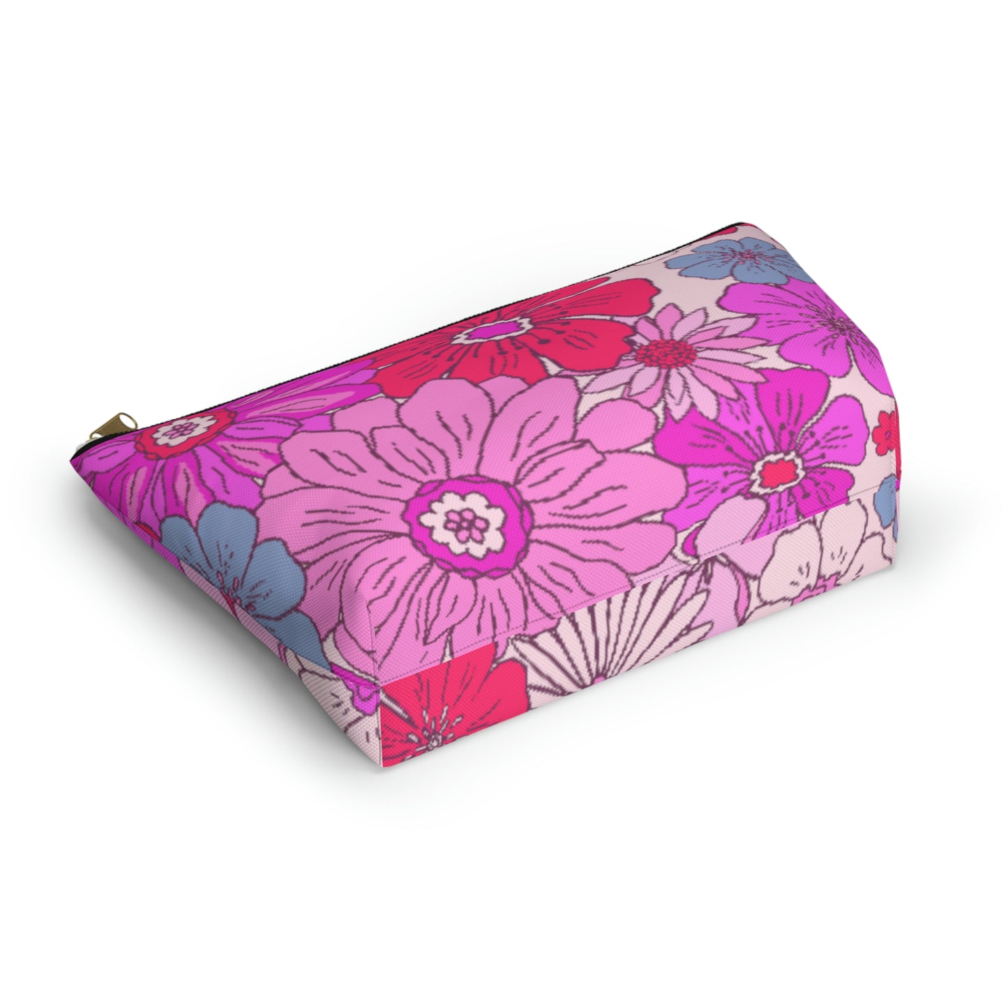 Hot Pink Retro Floral Print Accessory Pouch with T-bottom - BowsAndArtsDesigns