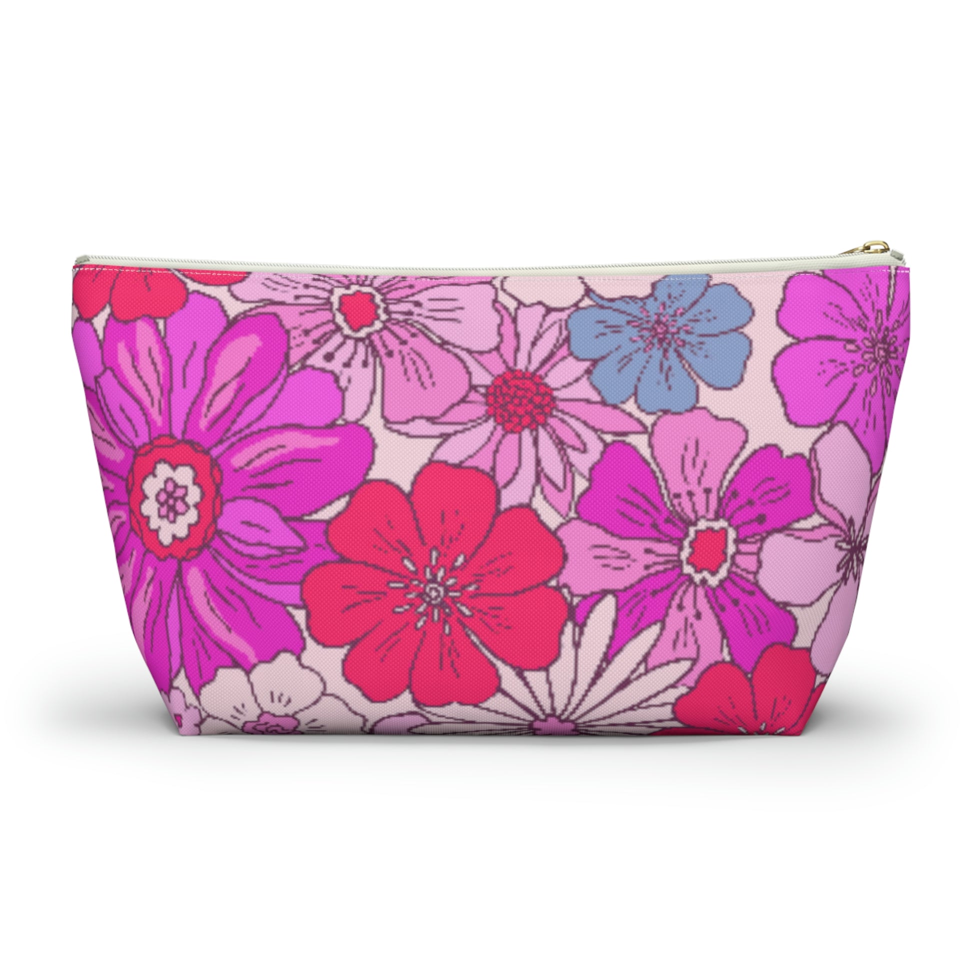 Hot Pink Retro Floral Print Accessory Pouch with T-bottom - BowsAndArtsDesigns