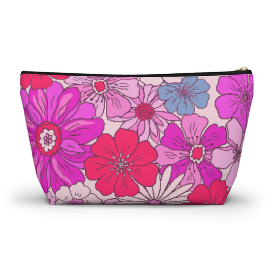 Hot Pink Retro Floral Print Accessory Pouch with T-bottom - BowsAndArtsDesigns