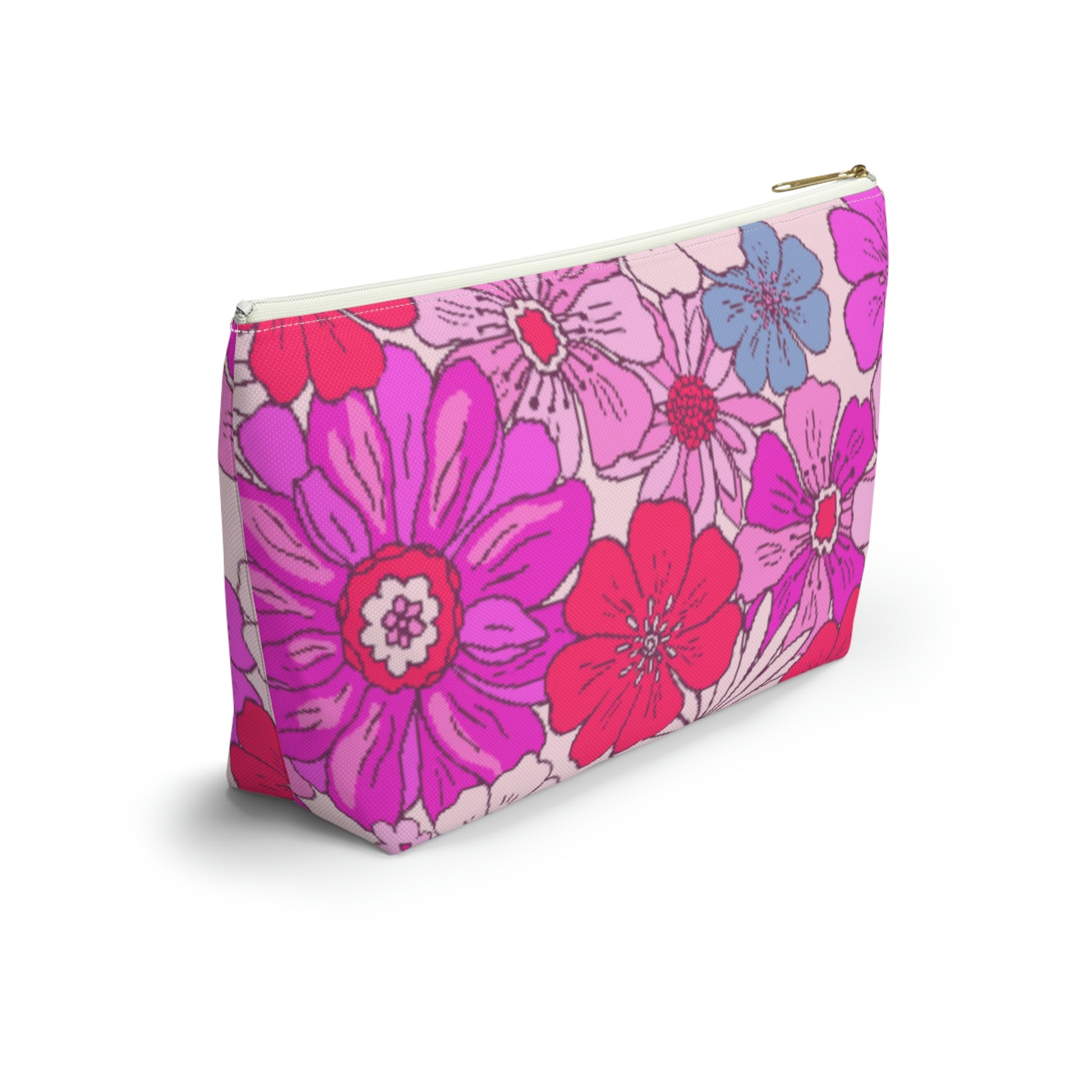 Hot Pink Retro Floral Print Accessory Pouch with T-bottom - BowsAndArtsDesigns
