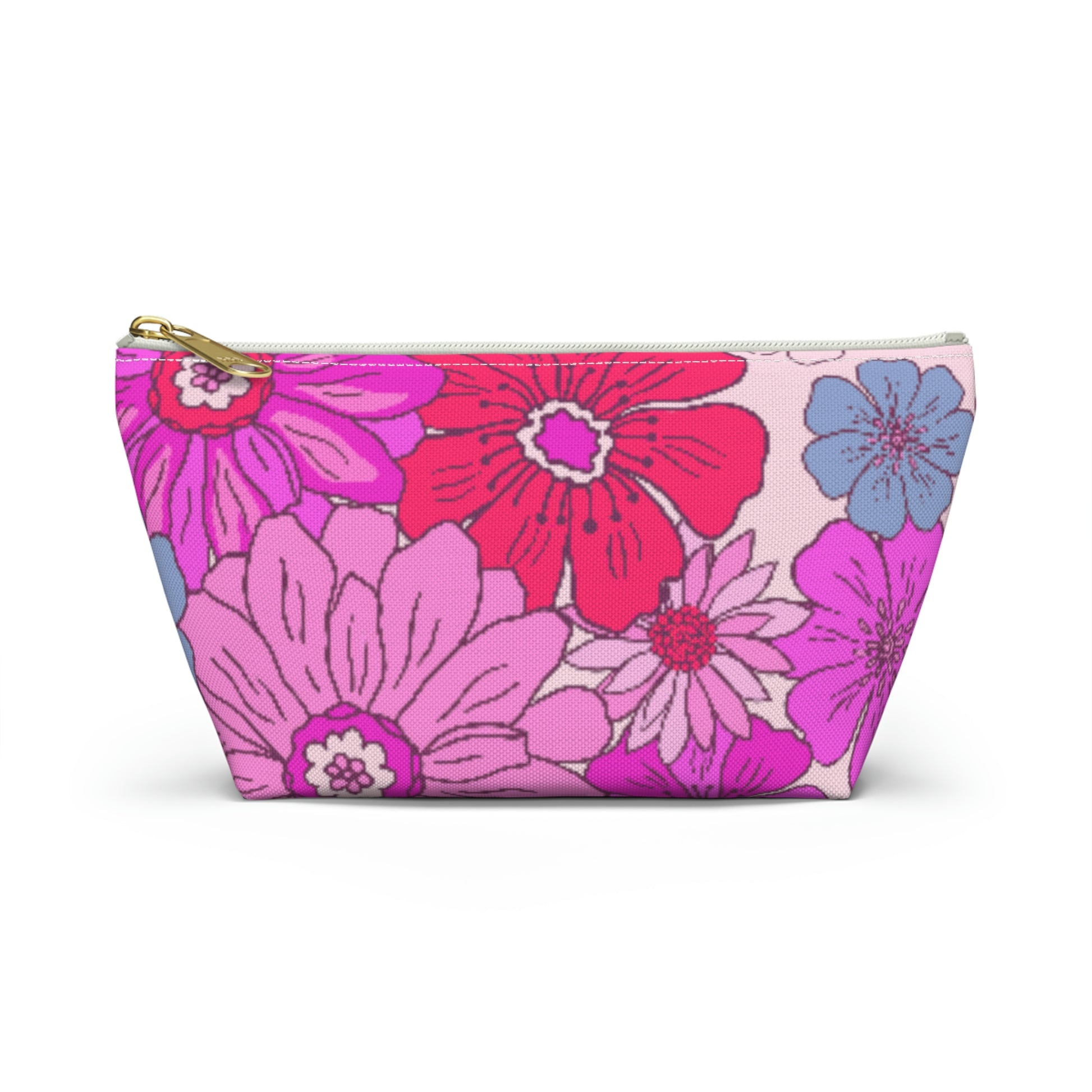 Hot Pink Retro Floral Print Accessory Pouch with T-bottom - BowsAndArtsDesigns
