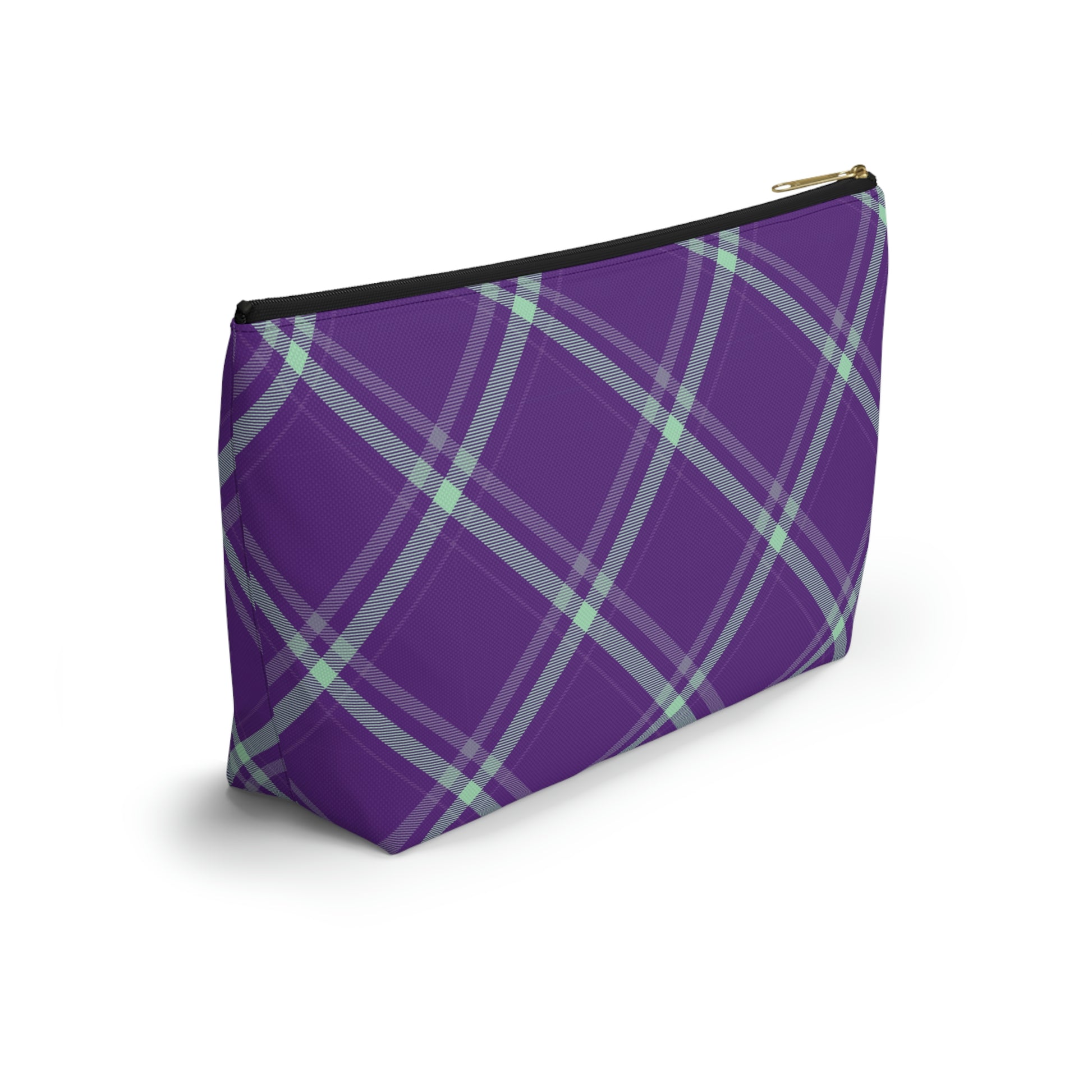 Purple Mint Plaid Accessory Pouch with T-bottom - BowsAndArtsDesigns