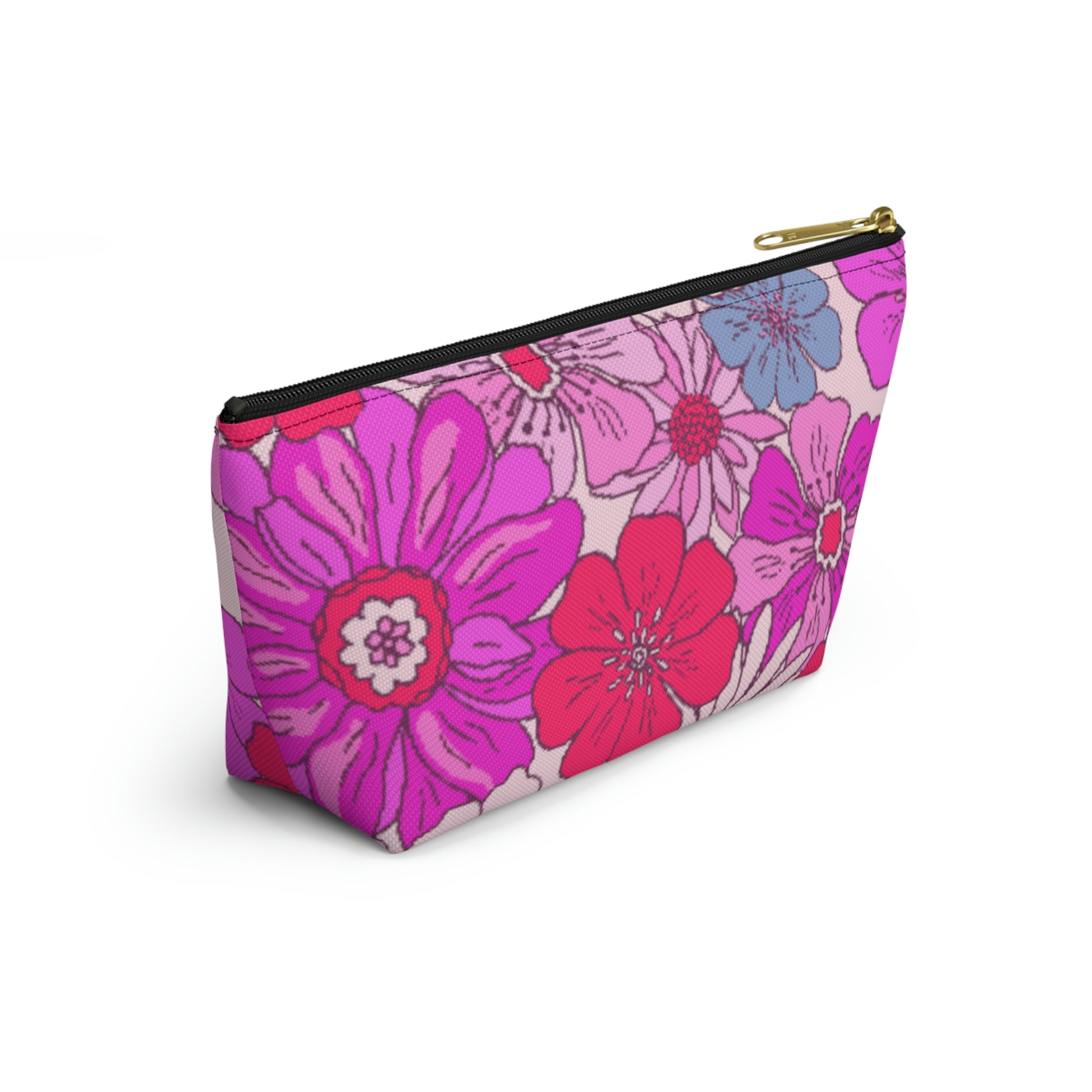 Hot Pink Retro Floral Print Accessory Pouch with T-bottom - BowsAndArtsDesigns