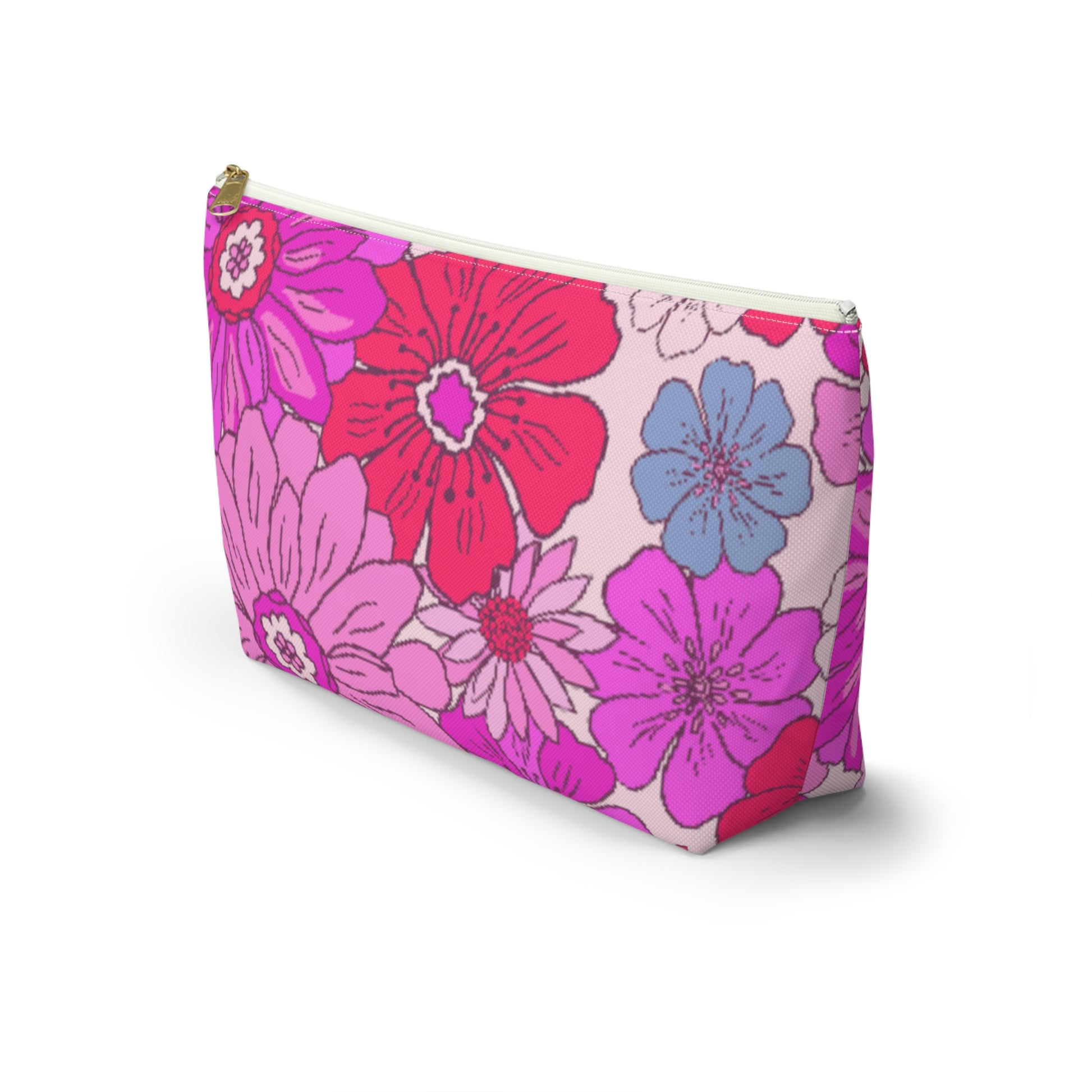 Hot Pink Retro Floral Print Accessory Pouch with T-bottom - BowsAndArtsDesigns