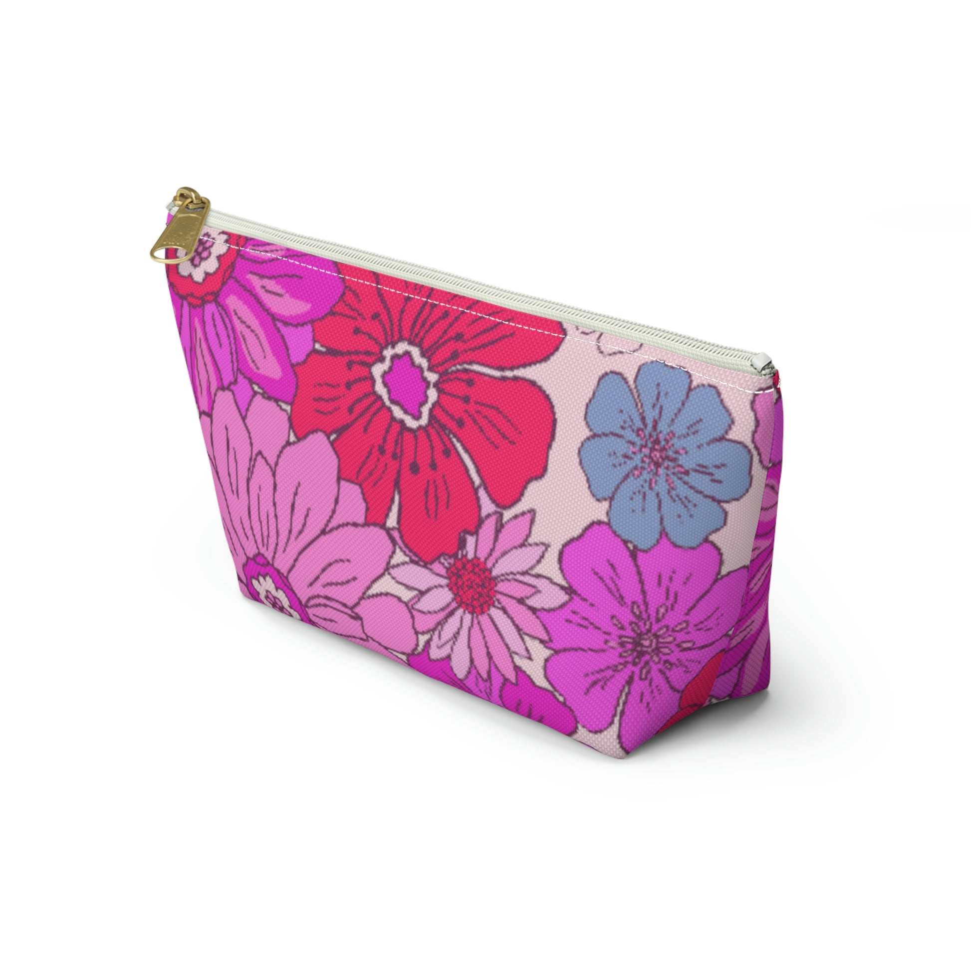 Hot Pink Retro Floral Print Accessory Pouch with T-bottom - BowsAndArtsDesigns