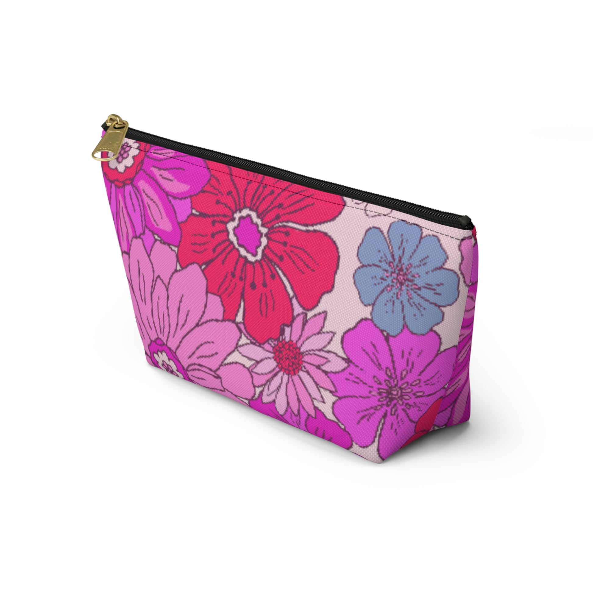 Hot Pink Retro Floral Print Accessory Pouch with T-bottom - BowsAndArtsDesigns