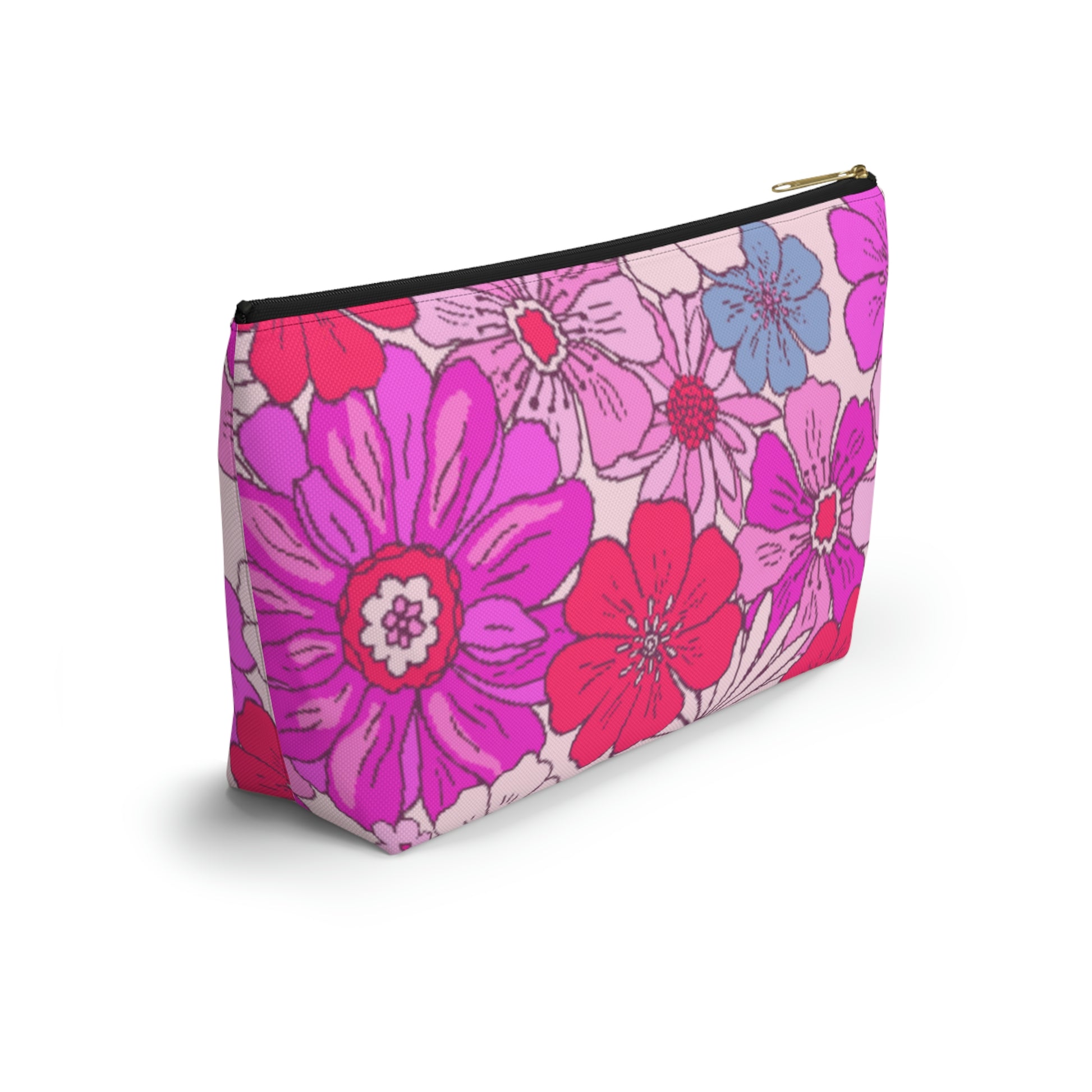 Hot Pink Retro Floral Print Accessory Pouch with T-bottom - BowsAndArtsDesigns