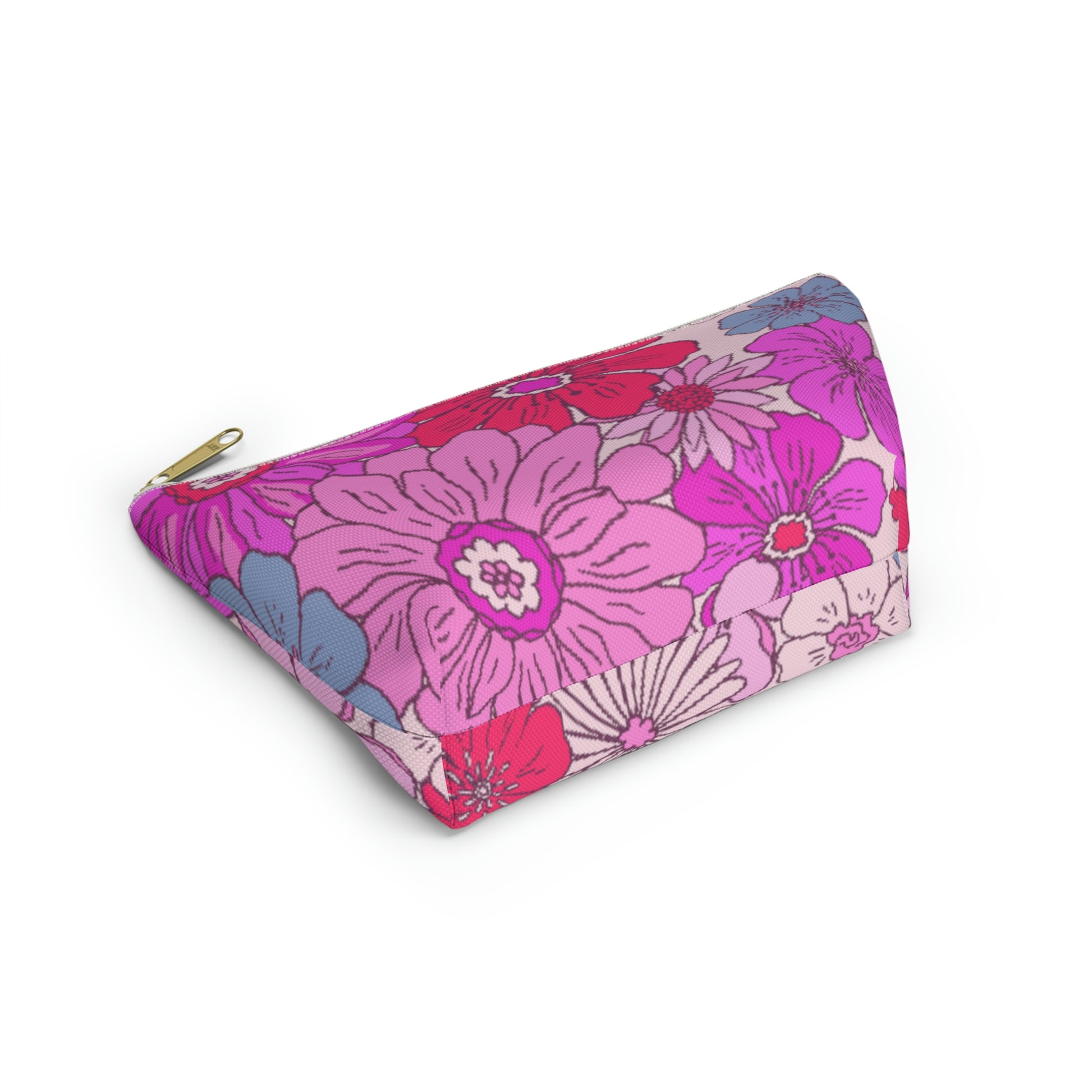Hot Pink Retro Floral Print Accessory Pouch with T-bottom - BowsAndArtsDesigns