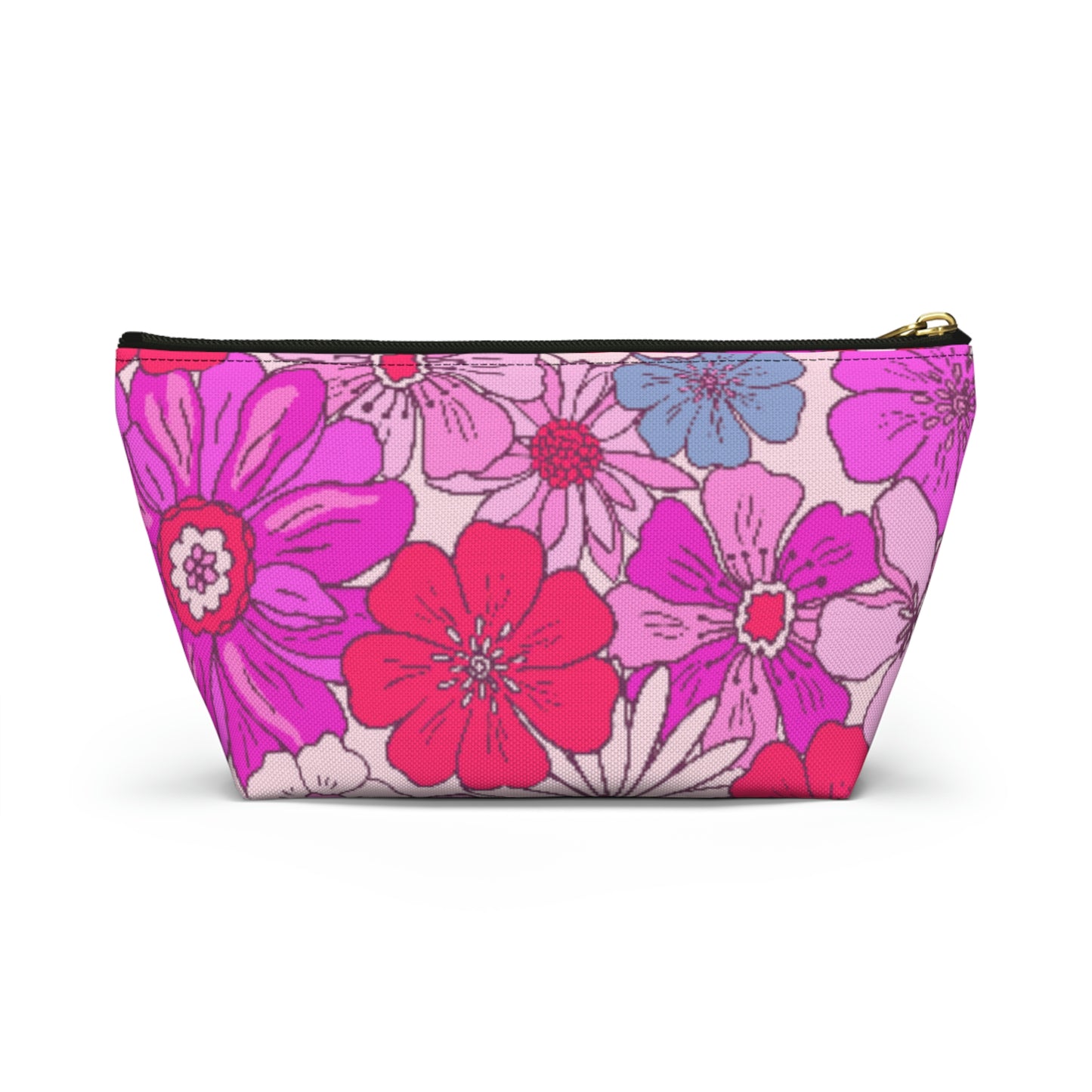 Hot Pink Retro Floral Print Accessory Pouch with T-bottom - BowsAndArtsDesigns