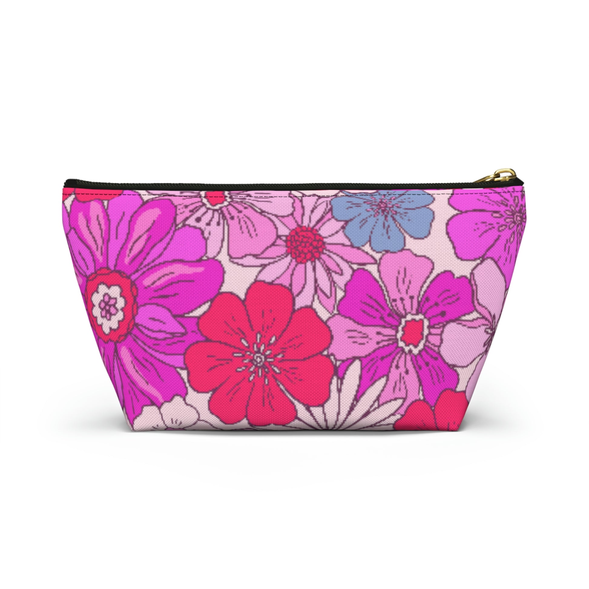 Hot Pink Retro Floral Print Accessory Pouch with T-bottom - BowsAndArtsDesigns