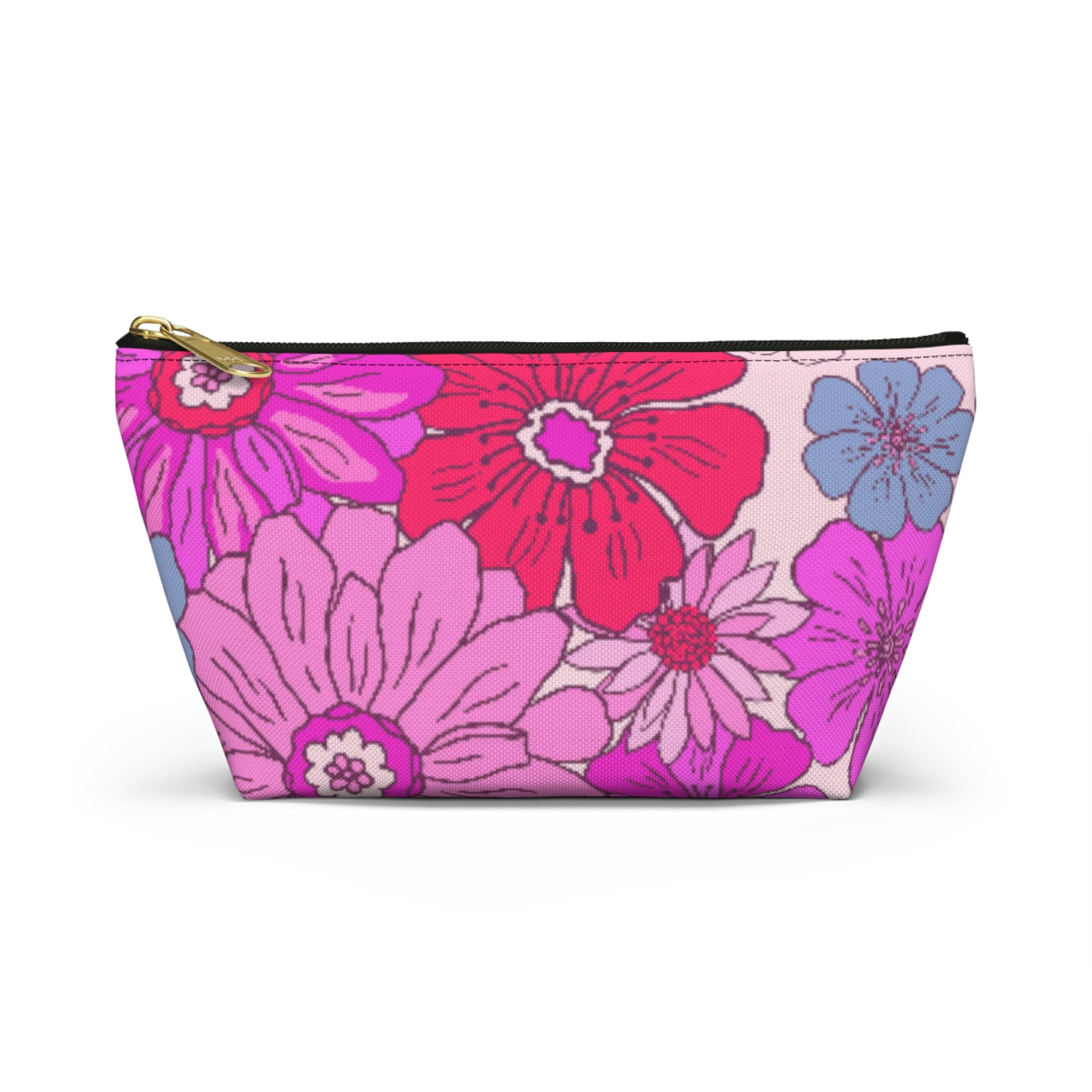 Hot Pink Retro Floral Print Accessory Pouch with T-bottom - BowsAndArtsDesigns