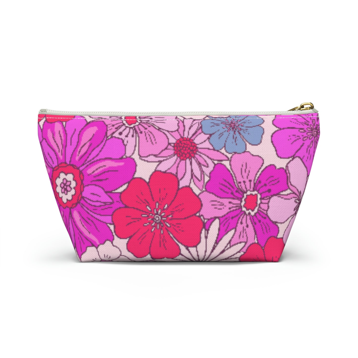 Hot Pink Retro Floral Print Accessory Pouch with T-bottom - BowsAndArtsDesigns