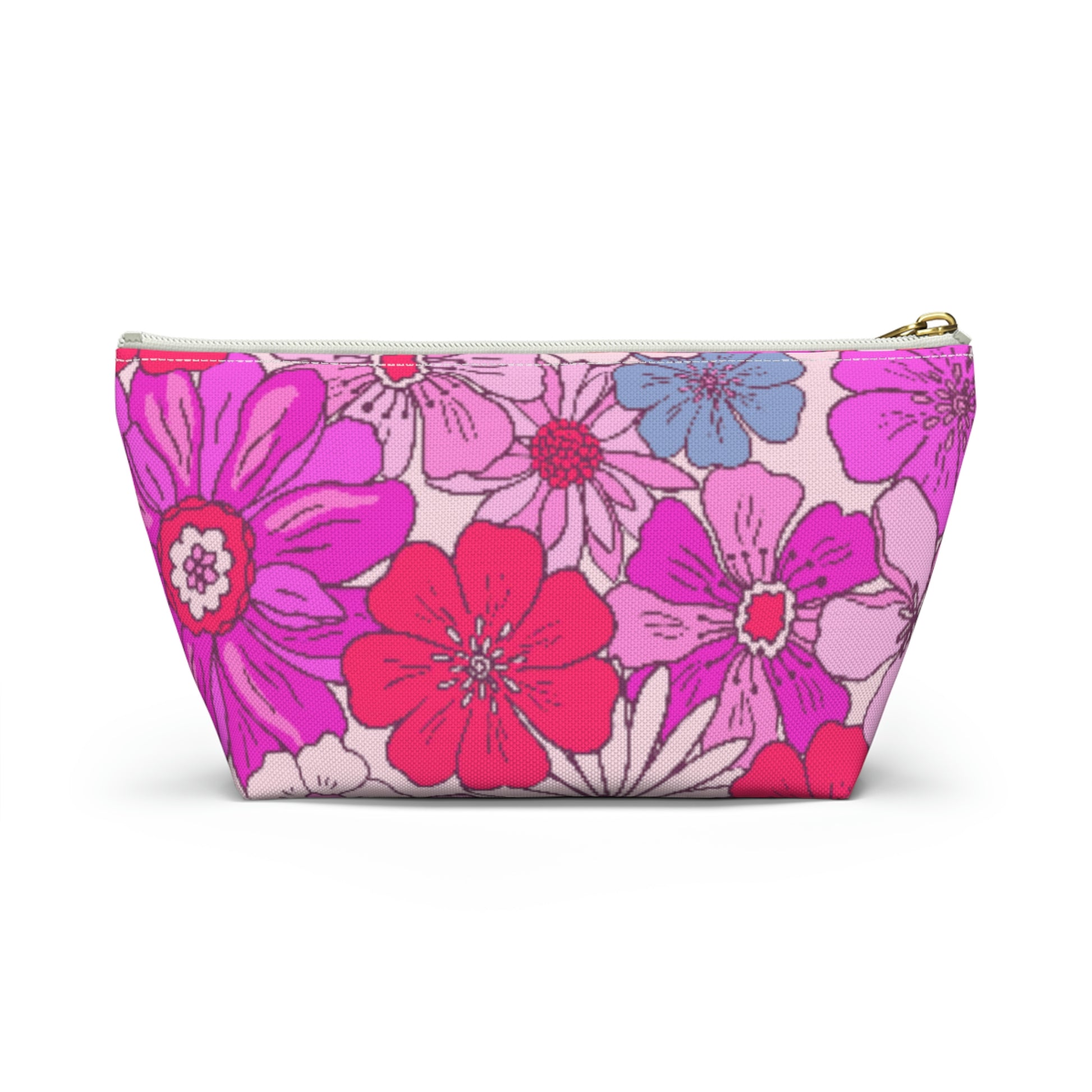 Hot Pink Retro Floral Print Accessory Pouch with T-bottom - BowsAndArtsDesigns